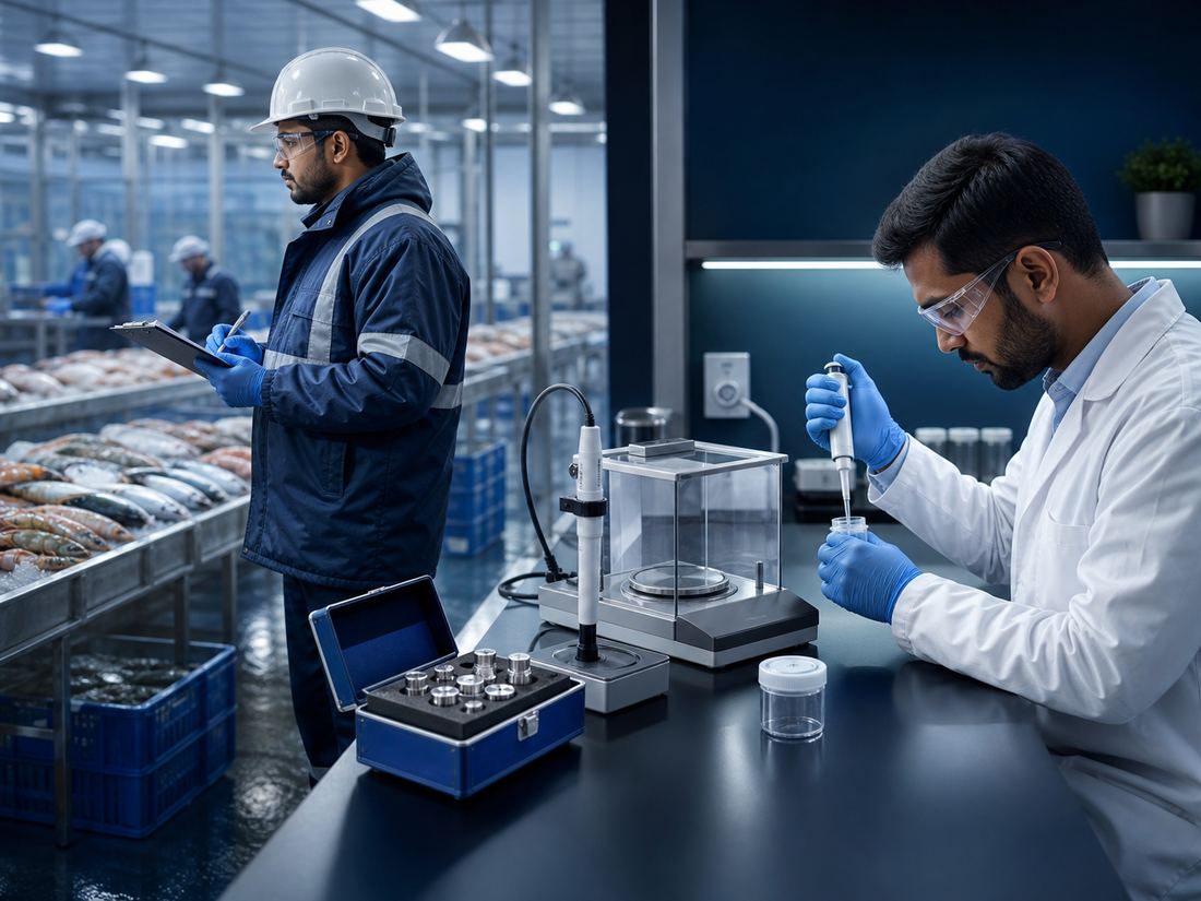 Field inspector and lab technician calibrating instruments with certified weights
