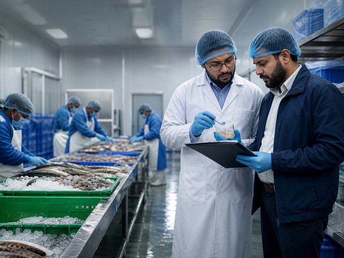 Inspector examining a seafood sample on the processing floor